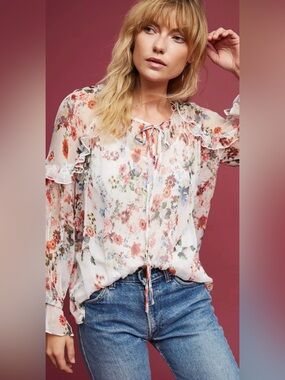 Anthropologie HD in Paris Leda Sheer Silk Floral Tie-Neck Blouse